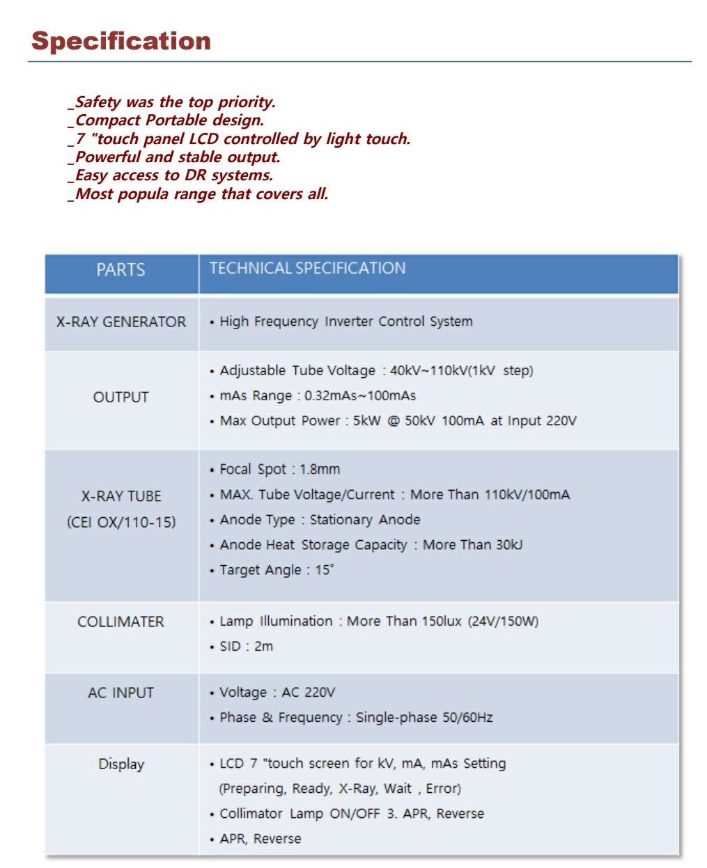 Portable X-ray Specification