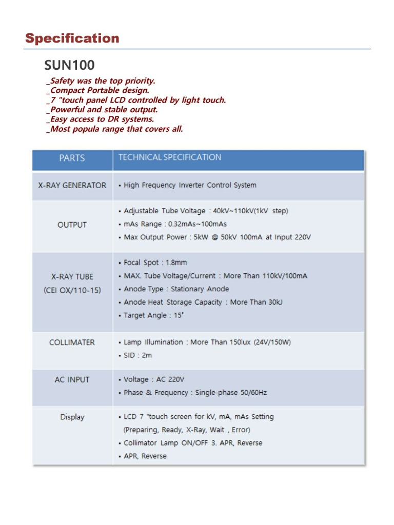 Sun100 Specifications
